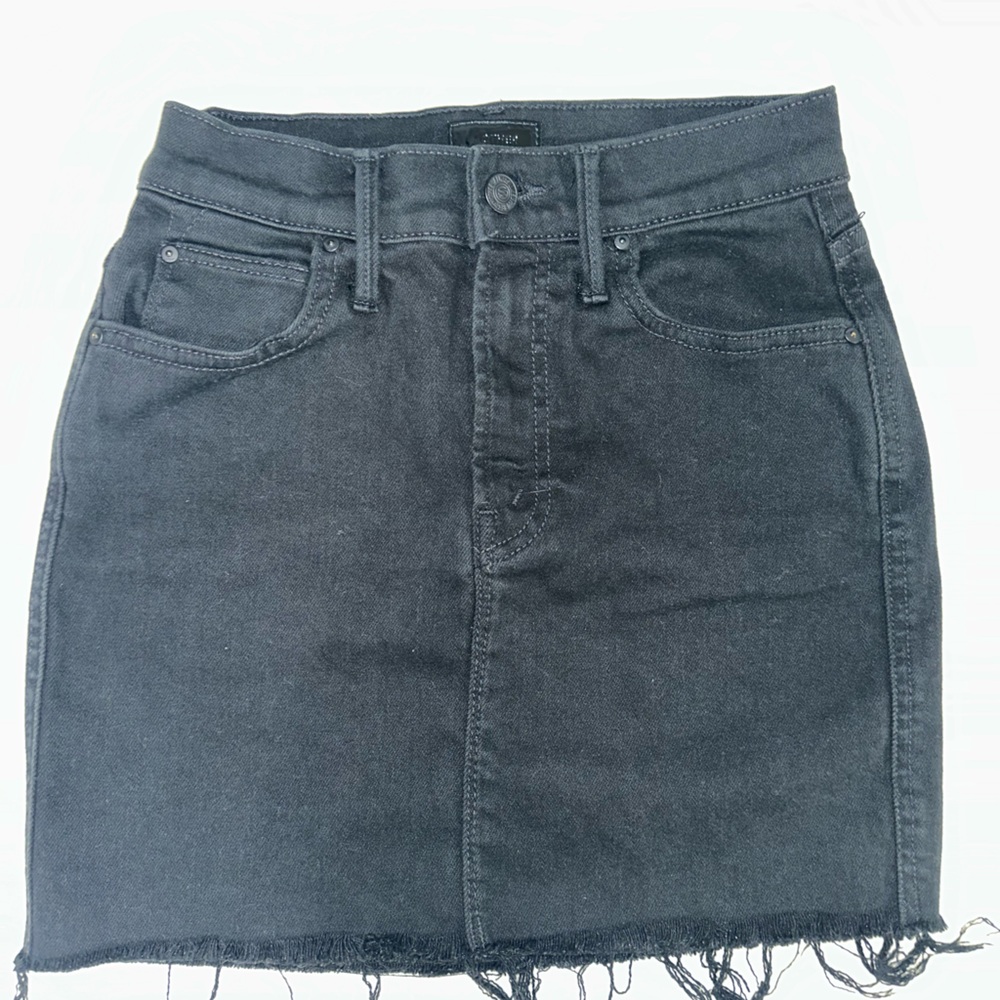 MOTHER Black Denim High Waisted Smokin Double Micro Fray Skirt